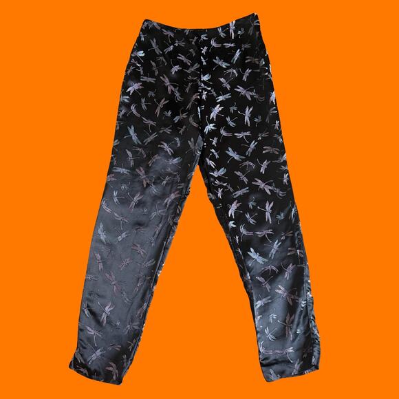 90's 00's vintage black satin dragonfly novelty y2k trousers pants Size 4 - Picture 1 of 5